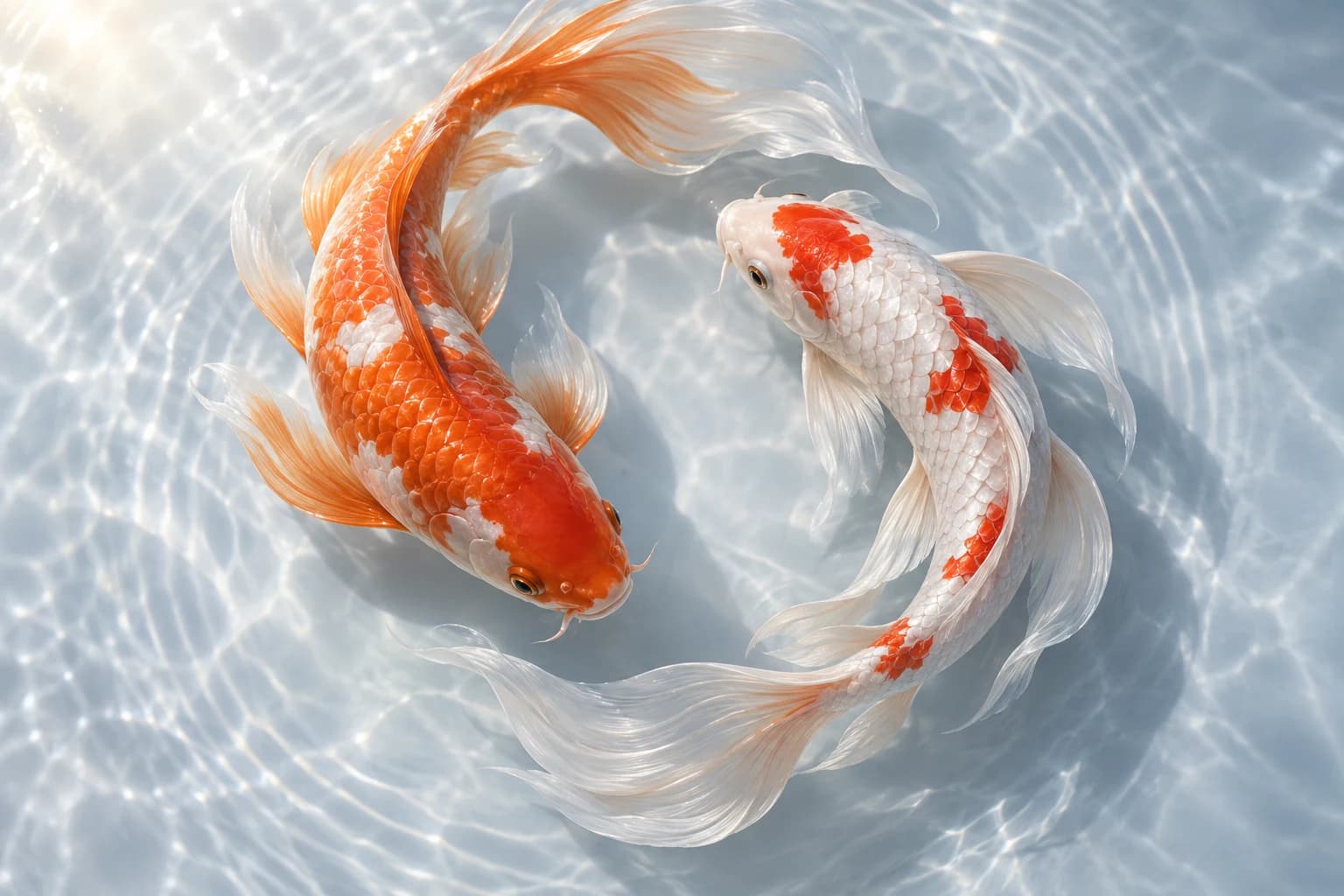 Two sculptural koi, orange and porcelain, swim in harmony through pale blue water.